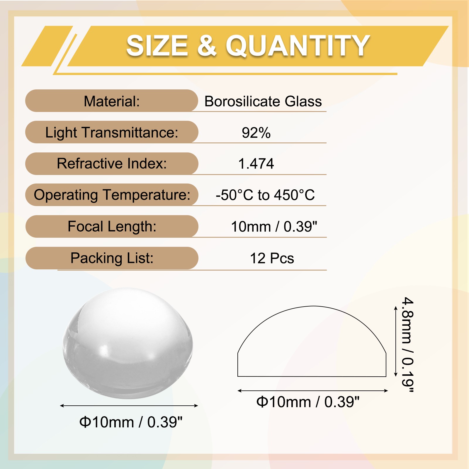 12 Pack Convex Lens, 10mm OD 10mm Focal Length Optical Lenses