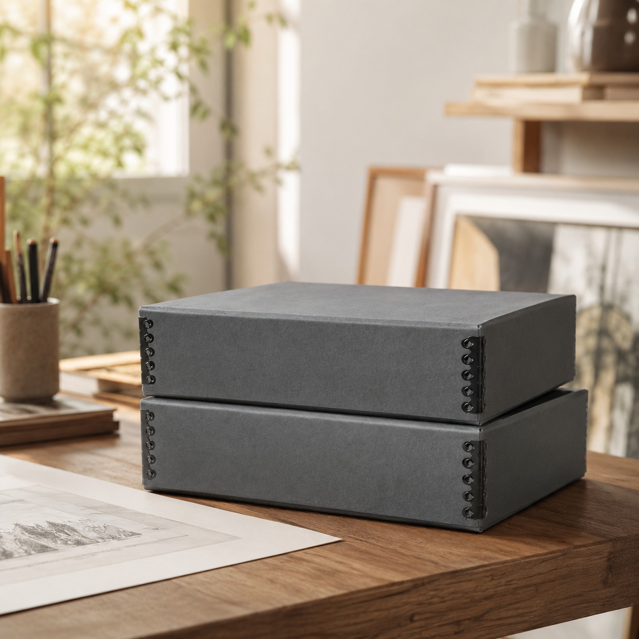 Archival Storage Box Gray 9.75×12.75×3 2 Pack Acid-Free Document Craft