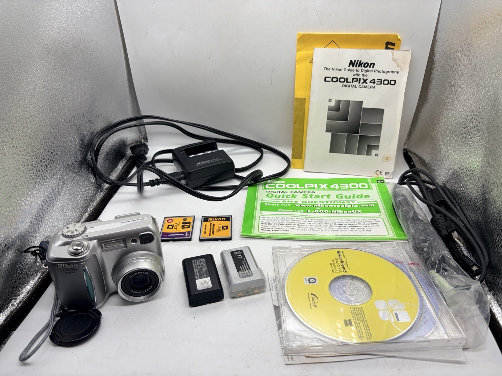 NIKON COOLPIX E4300 4.0MP SILVER DIGITAL CAMERA + BATTERY, CHARGER, MEMORY CARD
