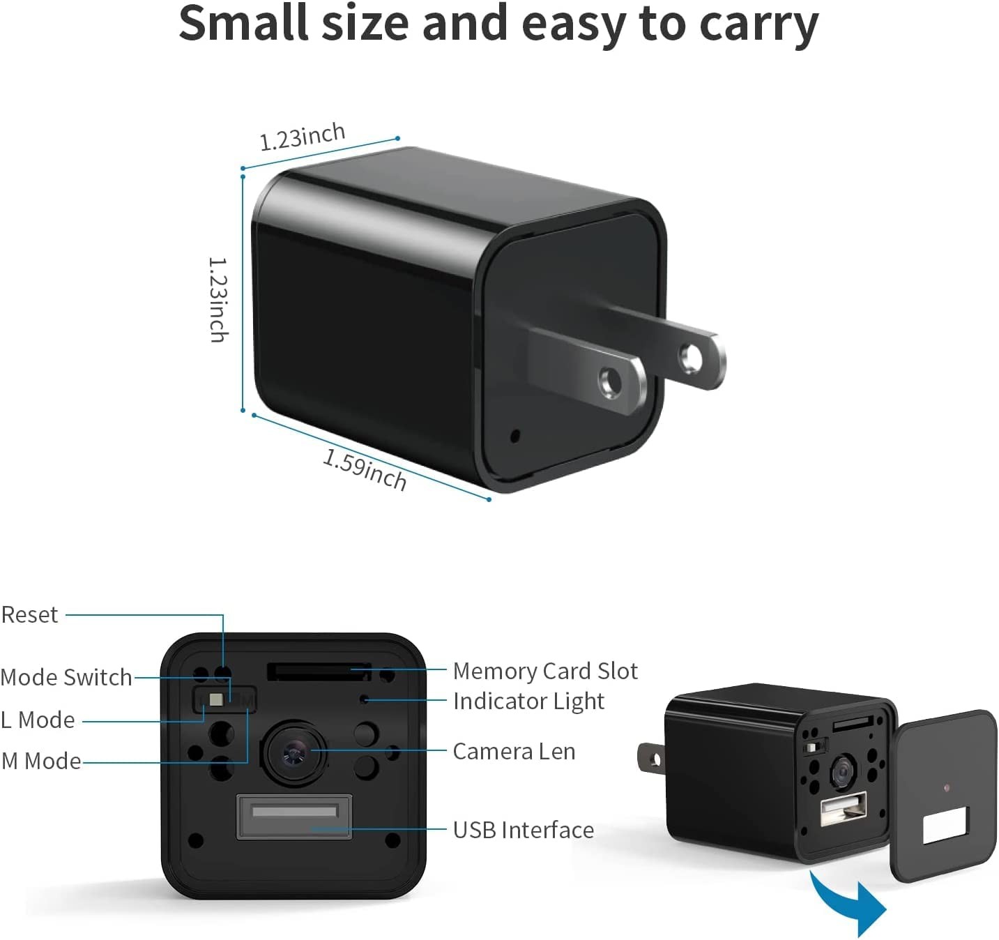 No Audio Charger Camera – Video-Only 1080P Small with Motion Black