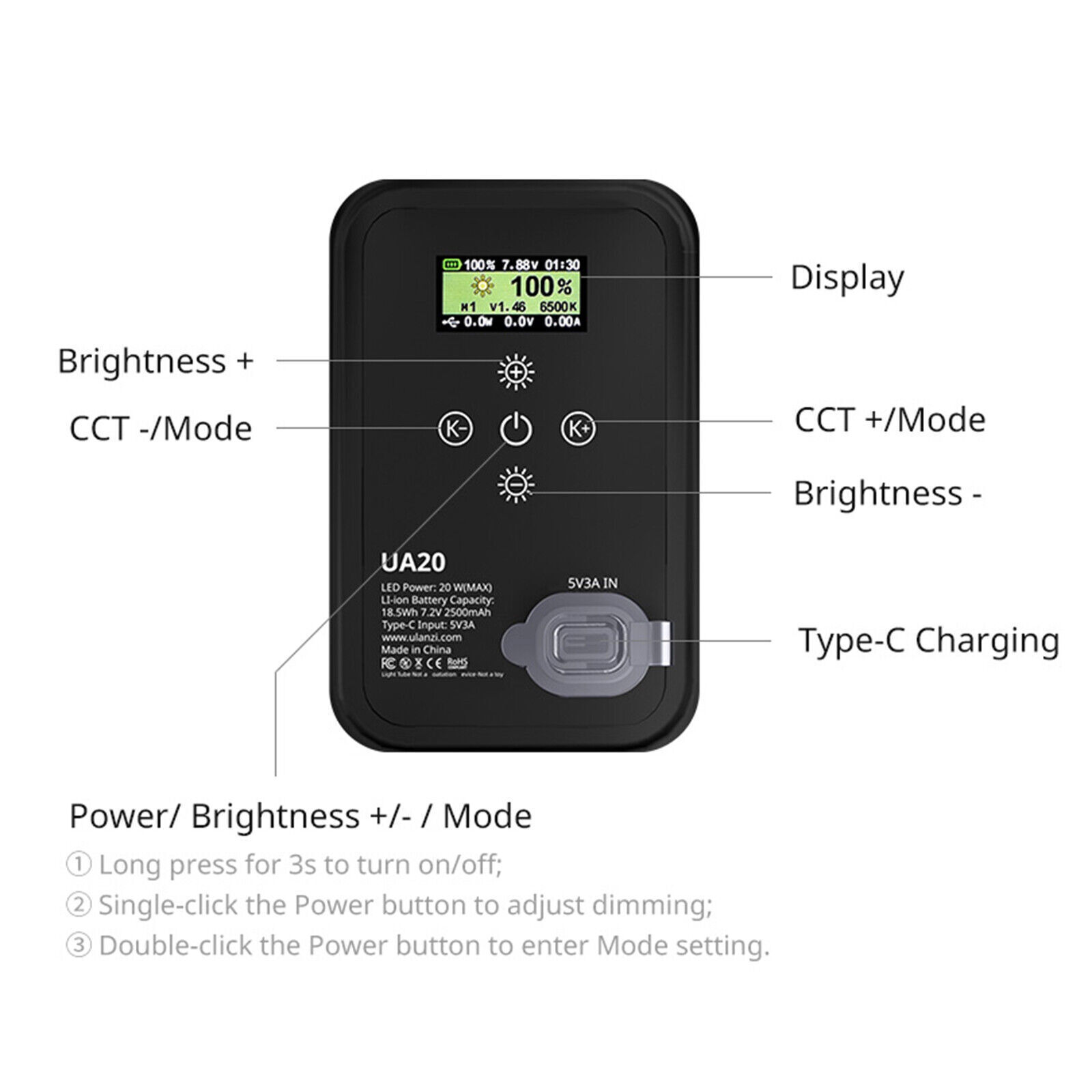 Ulanzi UA20 20W trachea light air cushion LED video light, two-color 2700K-6500K