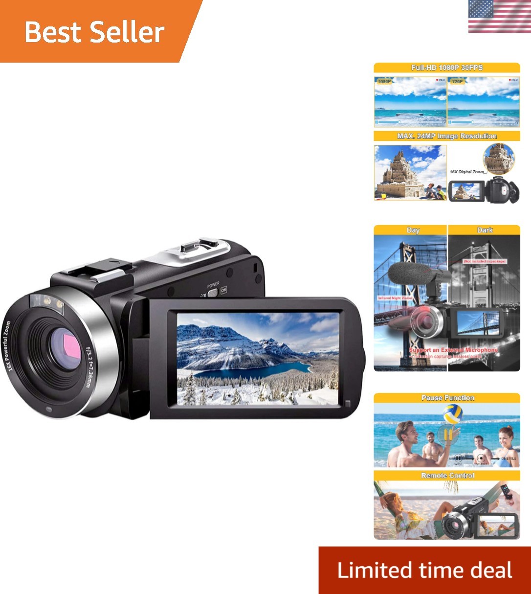 Video Camera Camcorder Full HD 1080P 30FPS 24.0 MP IR Night Vision Vlogging C…