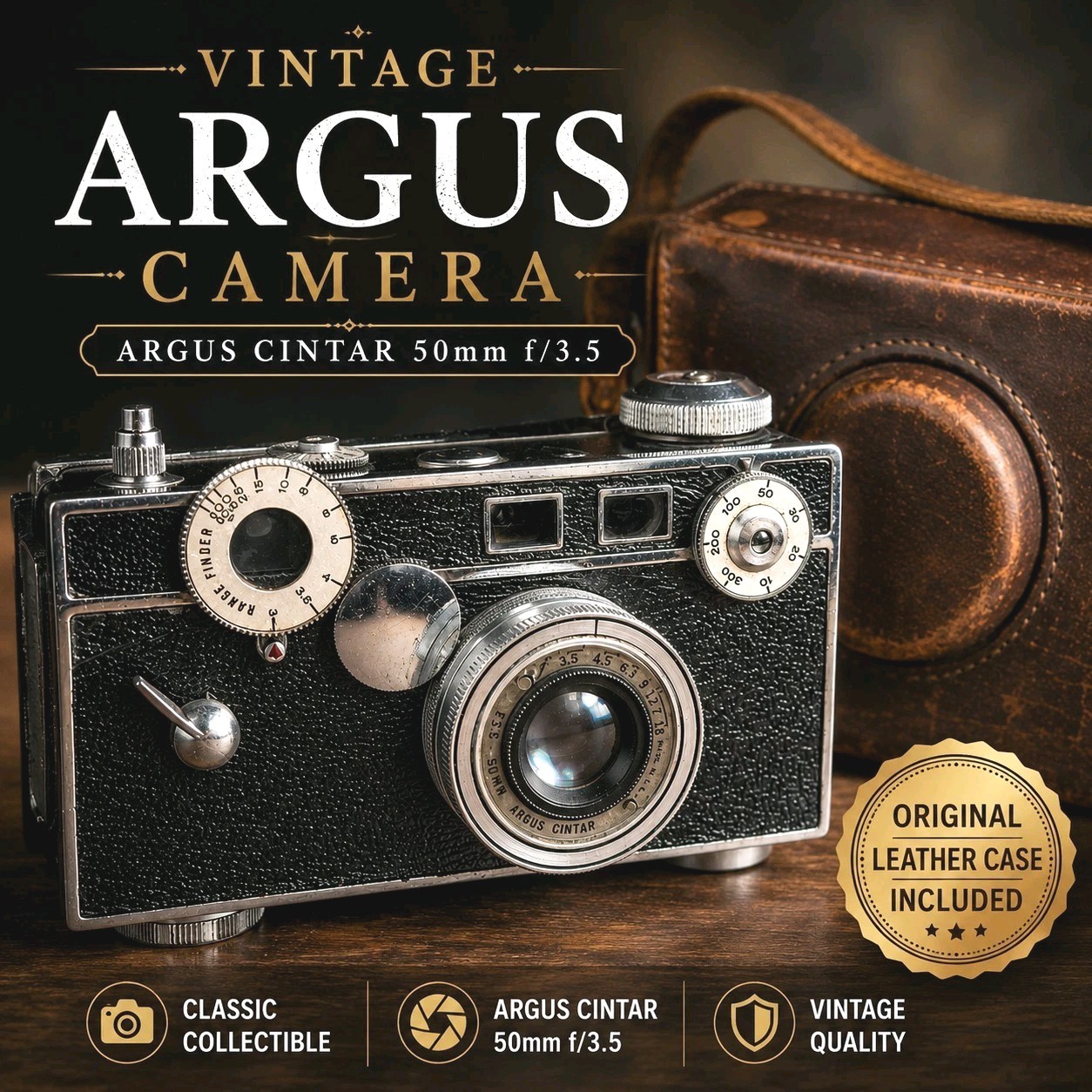 VTG Argus Camera Argus Cintar 50mm F3.5 w/Leather Case Working Shutter S#0384276