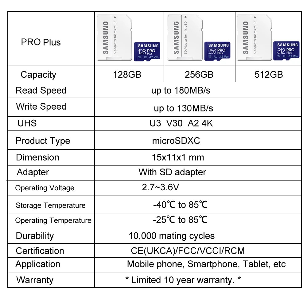 SAMSUNG EVO/PRO Plus Memory Card 64G A1 Micro SD Card 128G 256G 512G U3 A2 V30