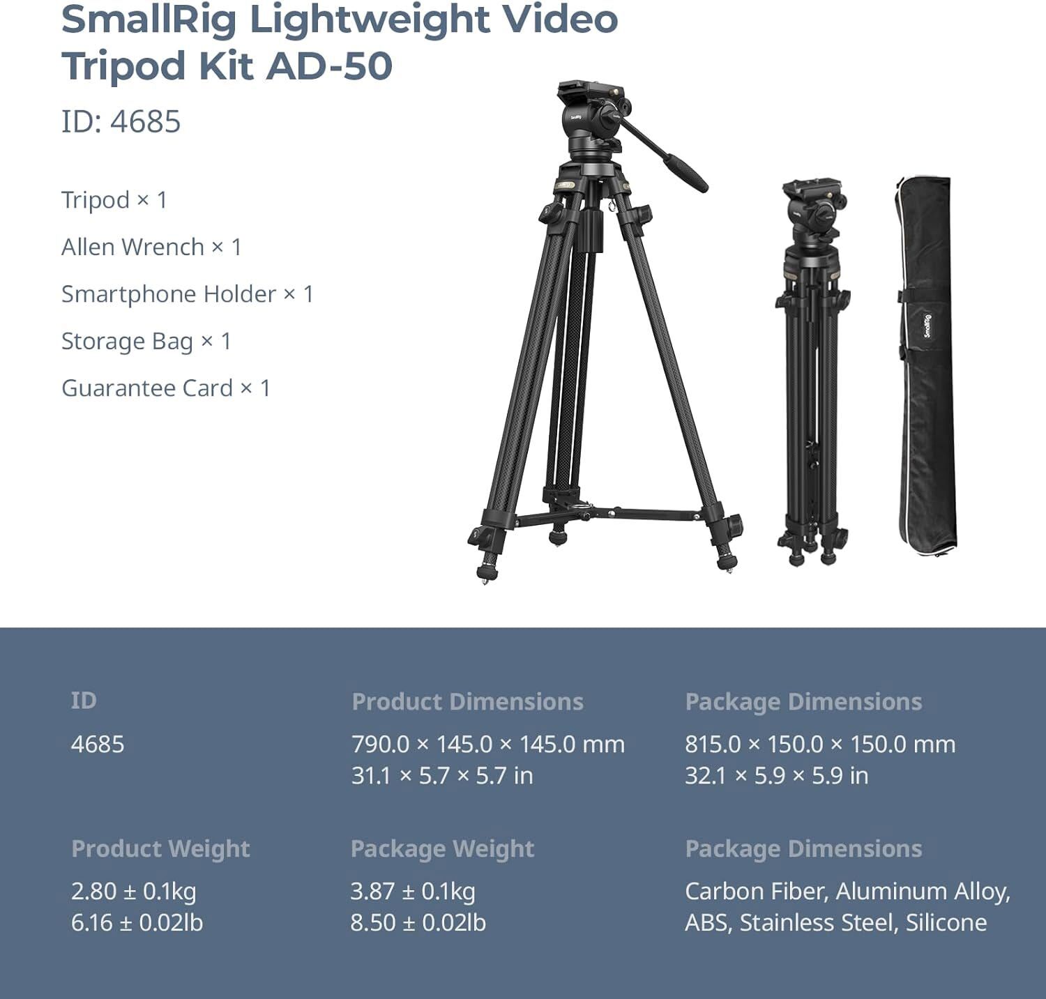 SmallRig 64” Lightweight Video Carbon Fiber Tripod Kit AD-50 4684