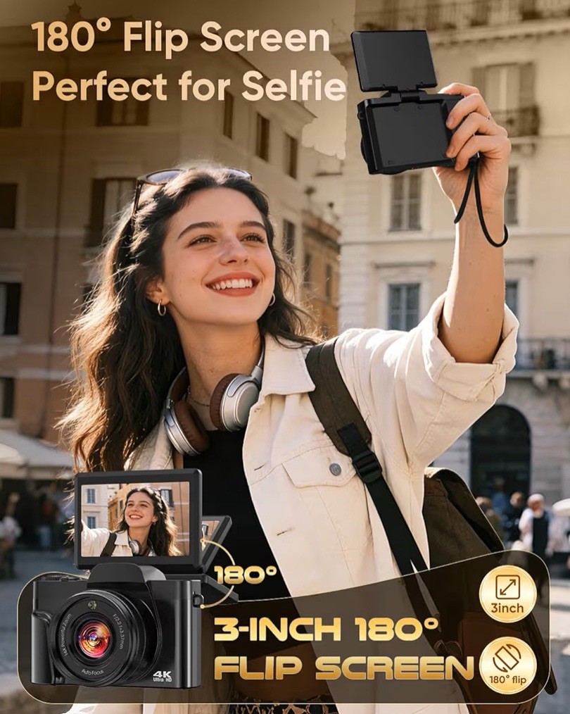 4K Digital Camera for Photography with WiFi,64MP Autofocus 3” 180° Flip Screen