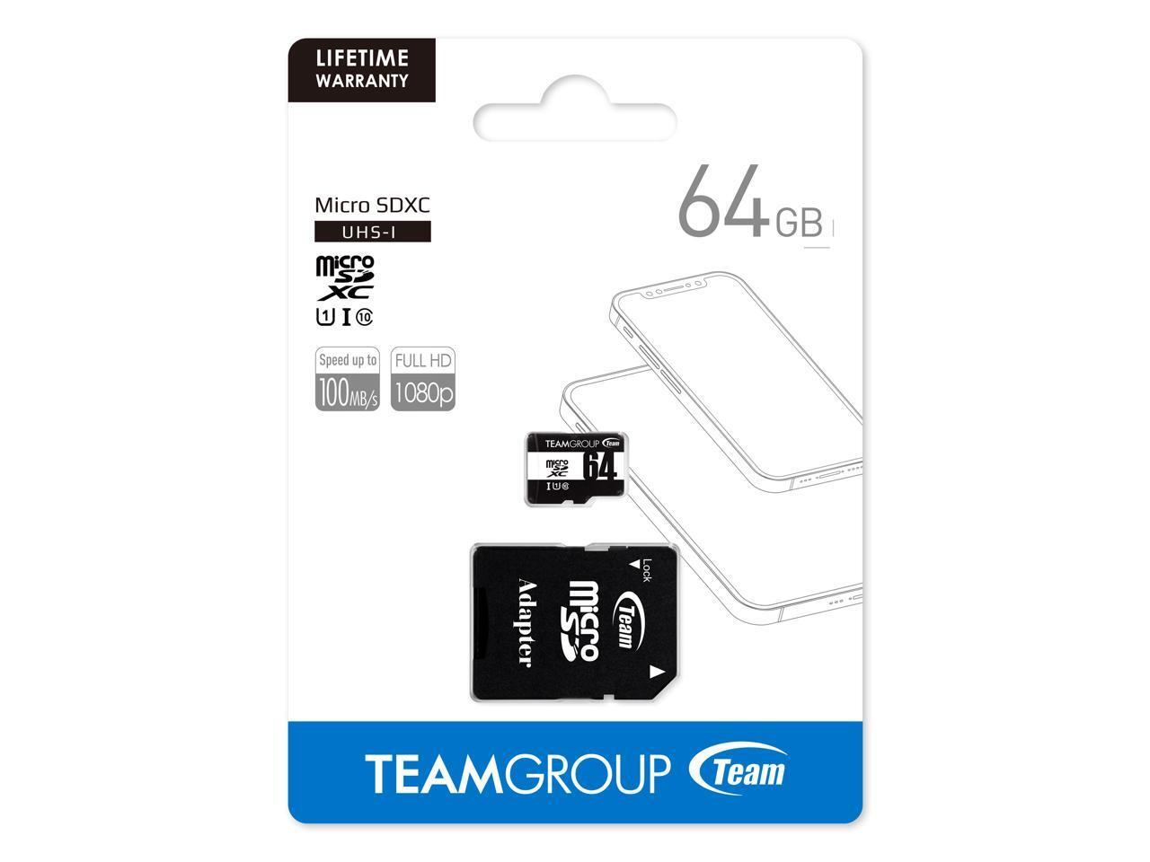 Team 64GB microSDHC UHS-I/U1 Class 10 Memory Card with Adapter, Up to 100MB/s