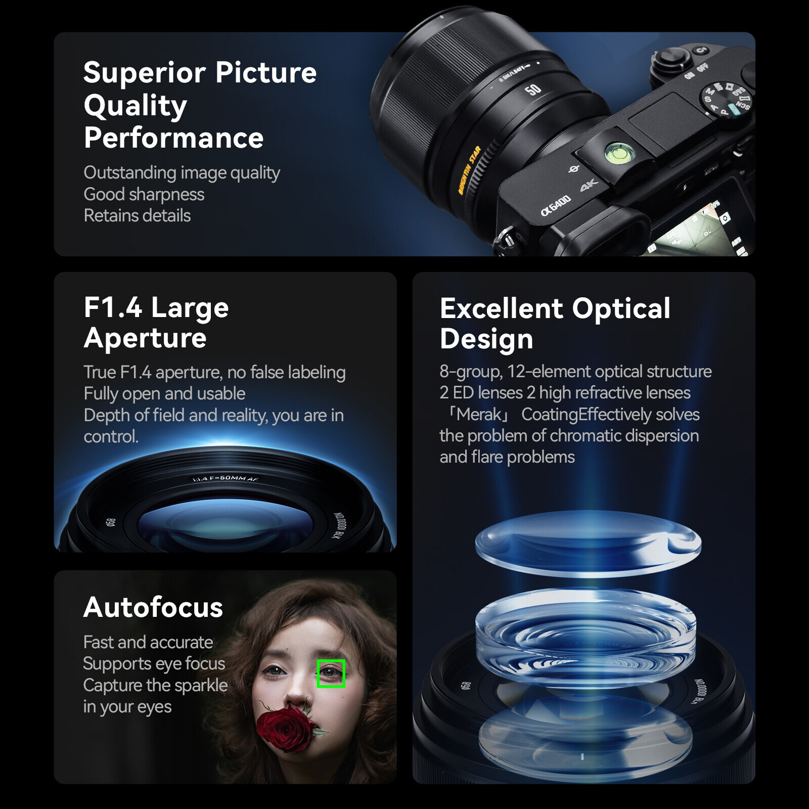 Brightin Star 50mm F1.4 Auto Focus Large Aperture Portrait Lens for Fuji X-mount