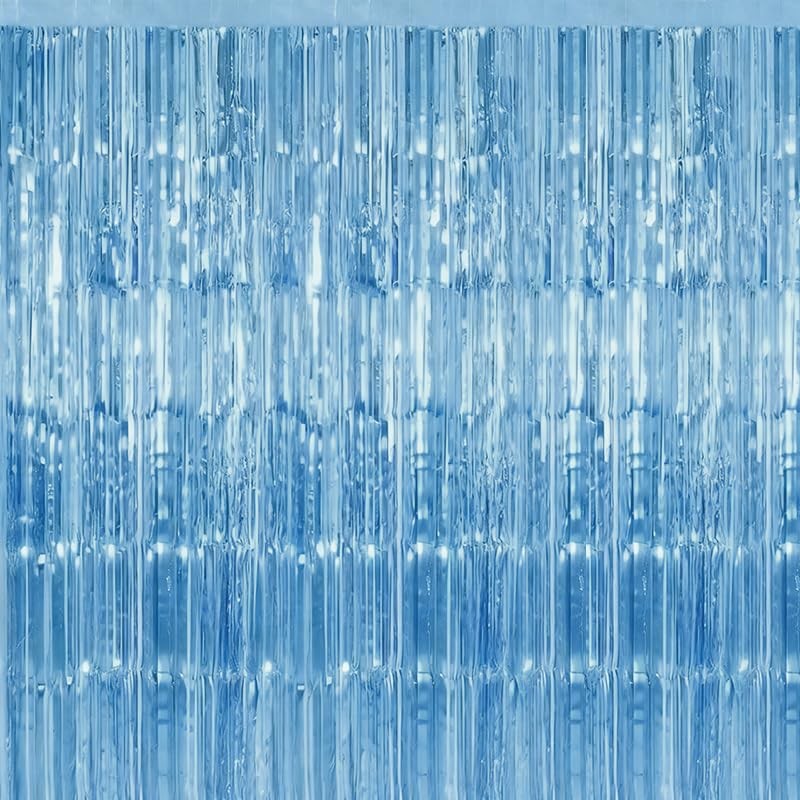Sky Blue Glossy Foil Fringe Tinsel Backdrop Streamer Party Curtains 2 PCS