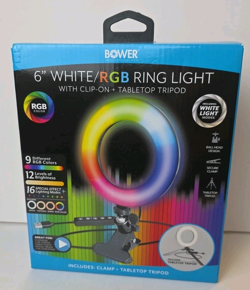 Bower White/RGB 6″ Ring Light With Clip-on +Tabletop Tripod With Remote