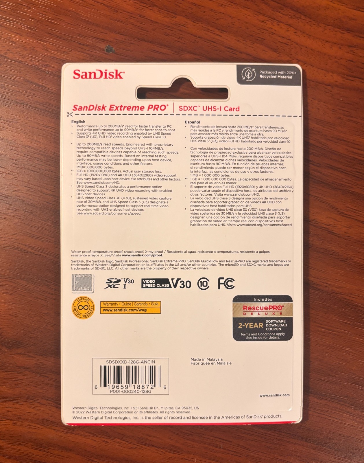 SanDisk Extreme PRO 128GB UHS-I U3 SDXC 200MB/s 4K Memory Card