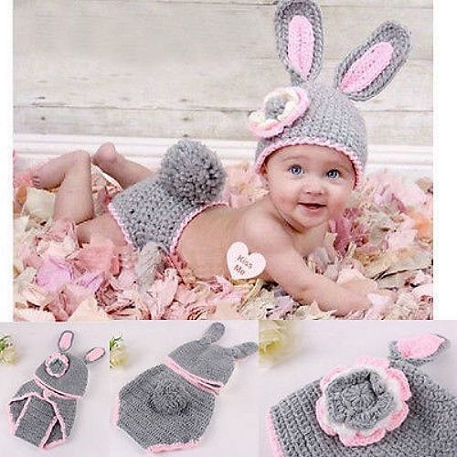 New NEWBORN BABY (0-1m) Girl CROCHET 2Pc Grey RABBIT Set Photography Prop Outfit