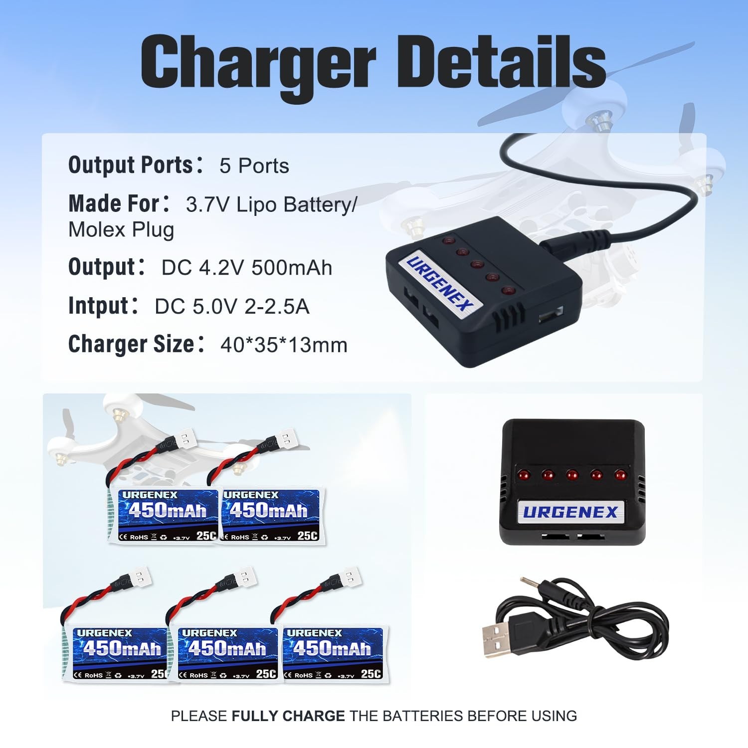 5PCS 3.7V 450mAh Lipo Drone Battery & 5-in-1 Charger for Quadcopter Models