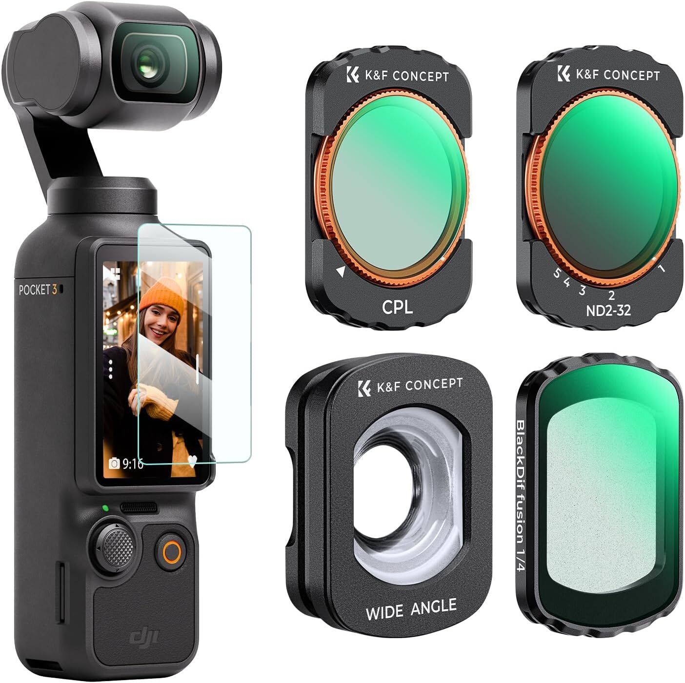 K&F Concept Magnetic Filter Kit (CPL ,1/4 ,ND ,Wide Angle) for DJI Osmo Pocket 3