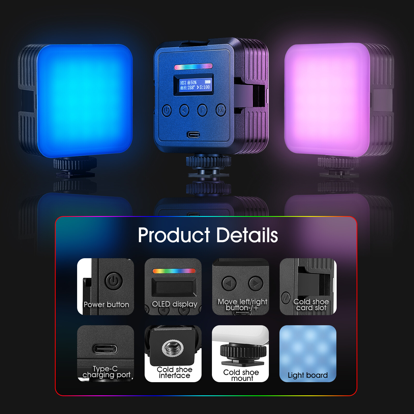 Neewer RGB Video Light RGB 61 360° Full Color LED Camera Light with 3 Cold Shoe