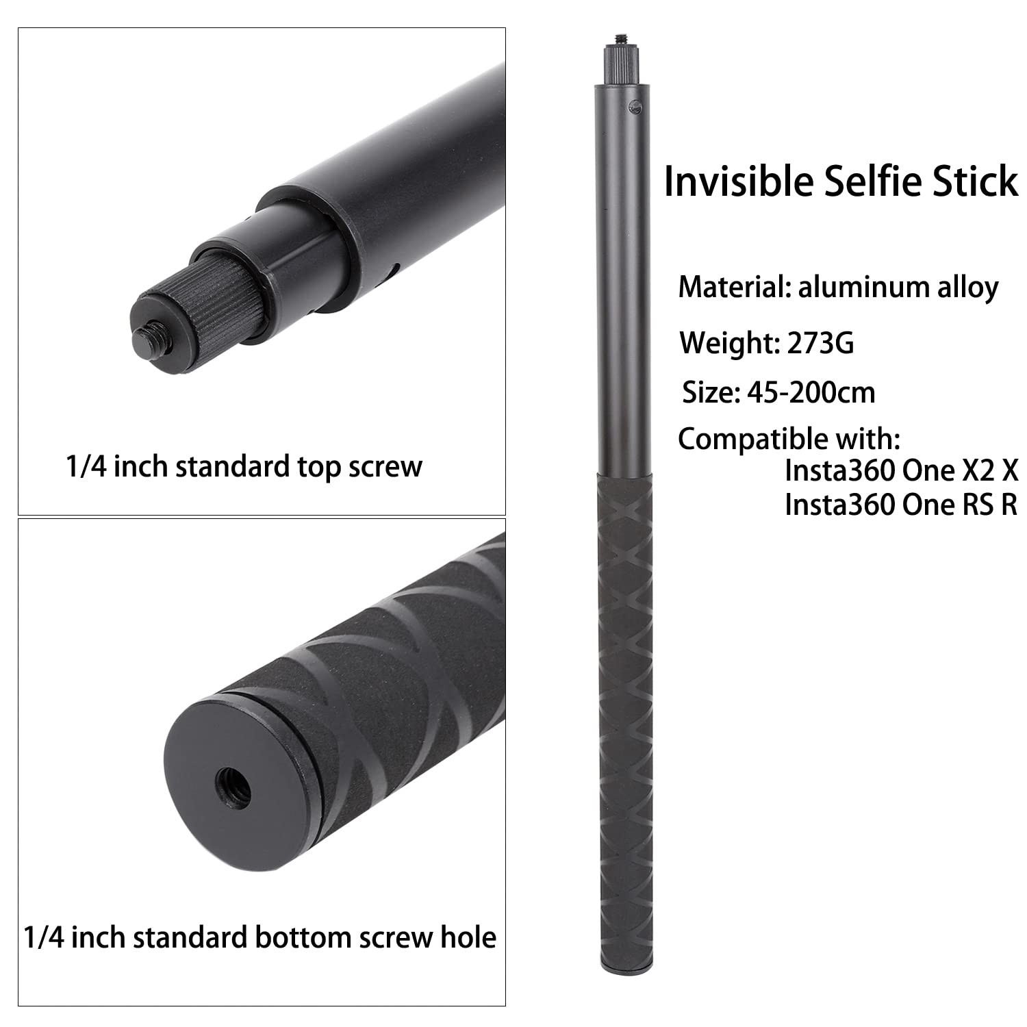 PellKing Long 77inch Invisible Selfie Stick for Insta360 ONE X5,X4, X3, Black
