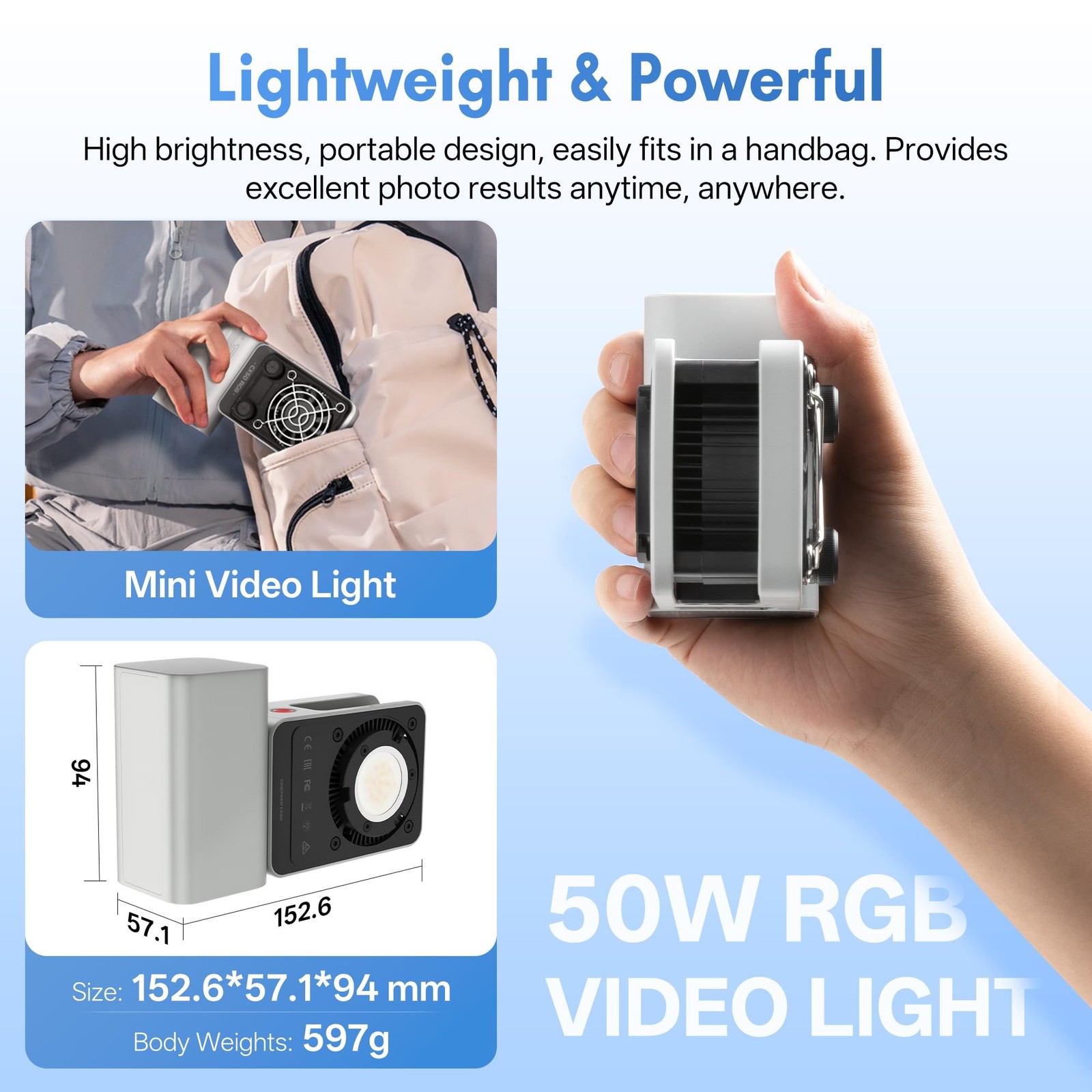 CINEPEER CX50, 50W RGB Video Light, Full Color 2700K-6500K Portable Camera Li…