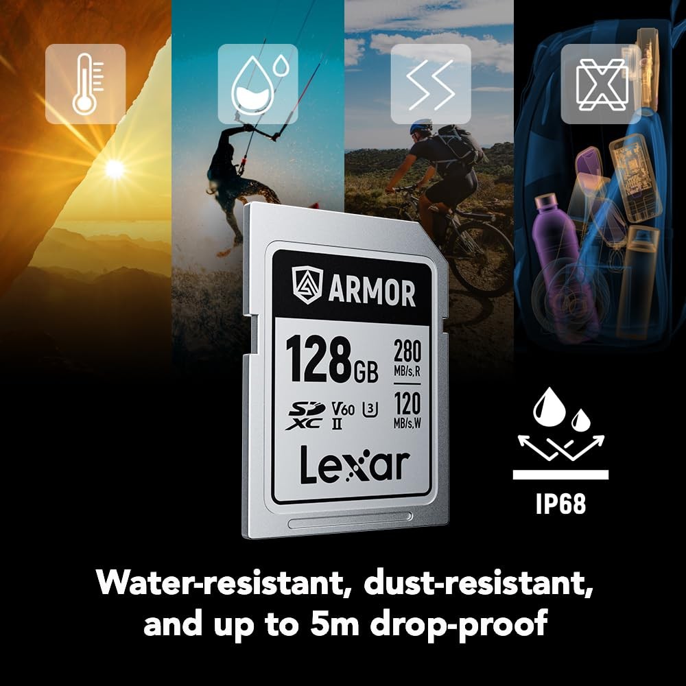 128GB Armor Silver SDXC Memory Card, UHS-II, C10, U3, V60, 6K UHD, Up to 280M…