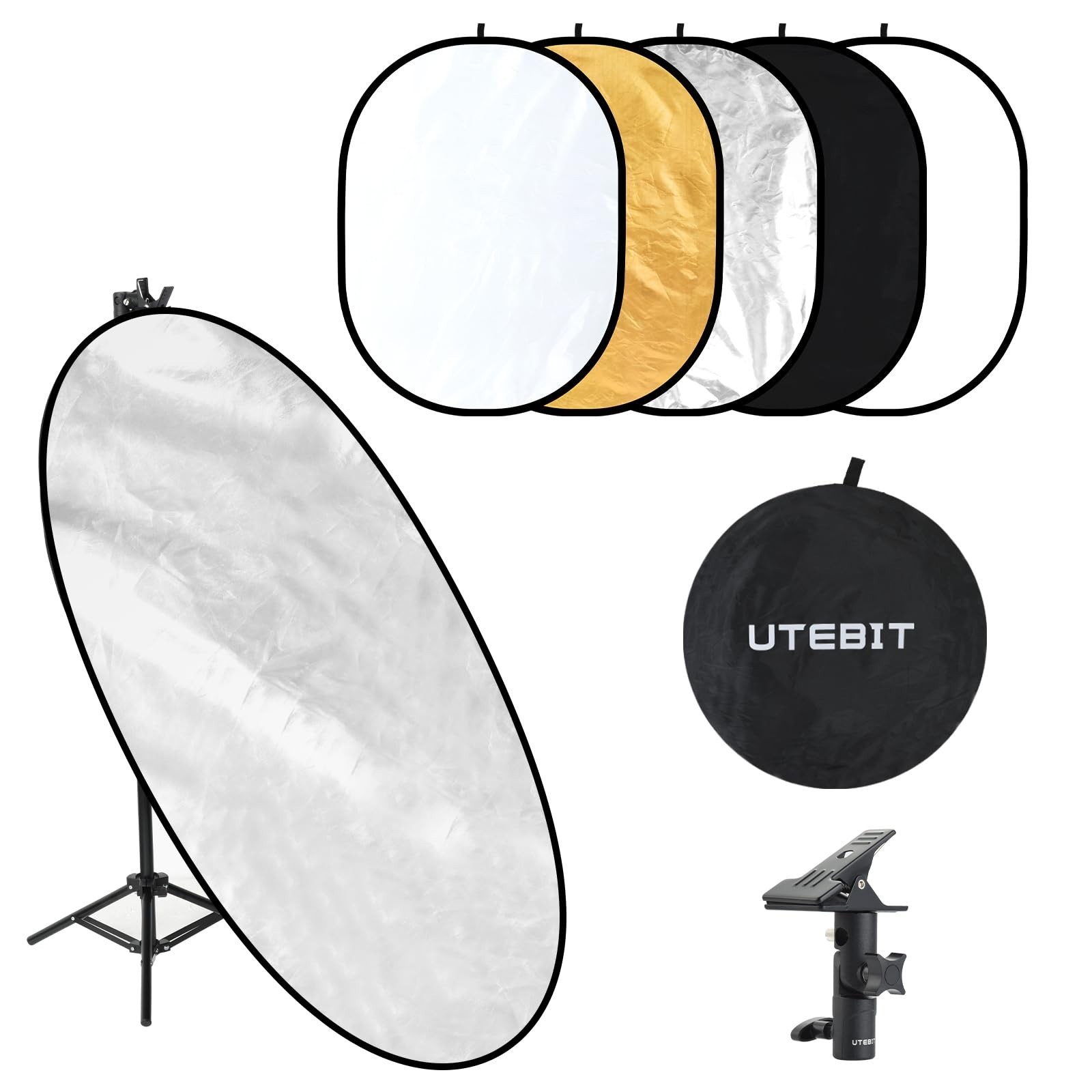 35″x47″ 5-in-1 Photography Reflector with Stand, Clamp & Carry Bag – Oval, Folda