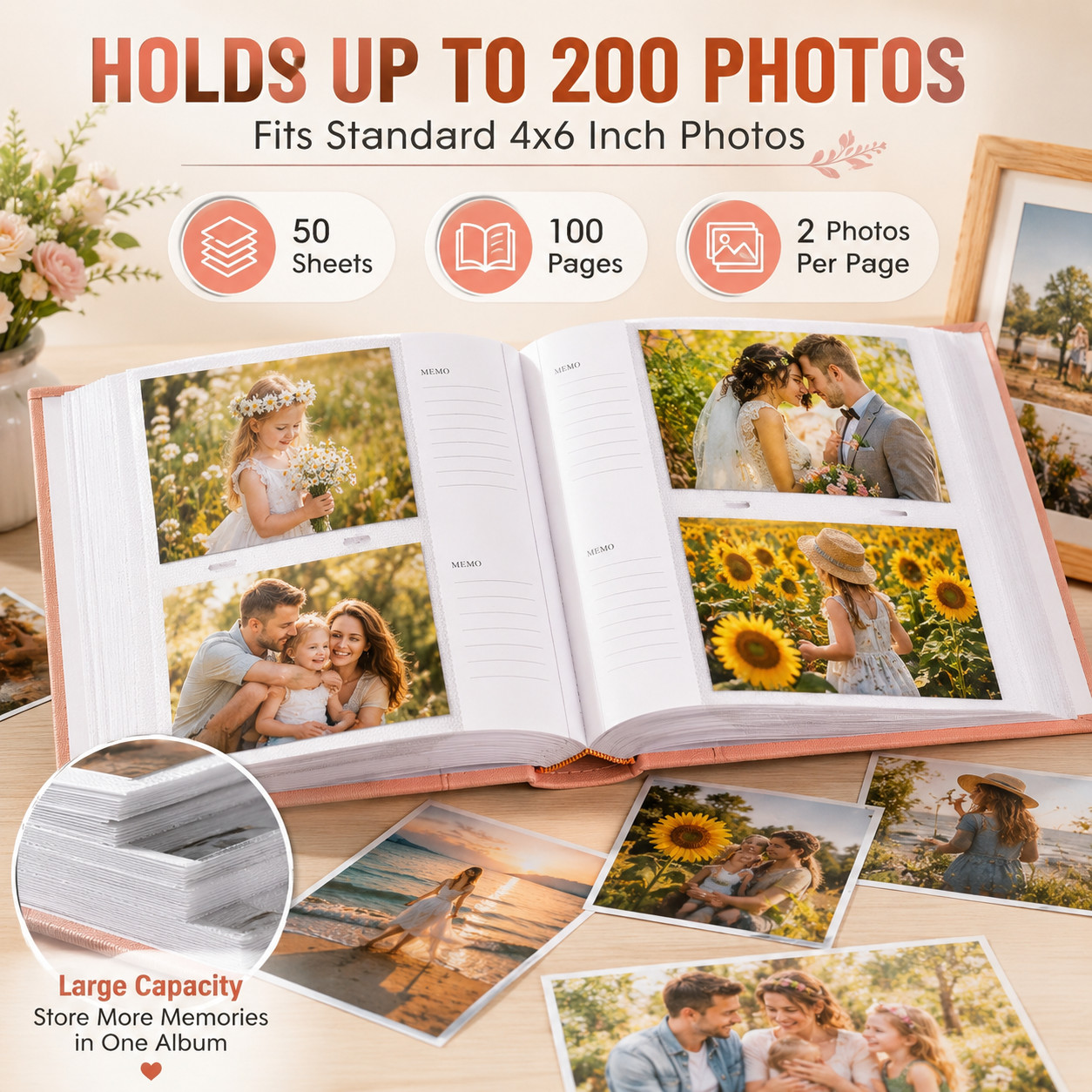 Photo Album Holds 200 4×6 Pictures 2 Per Page Faux Leather Marron