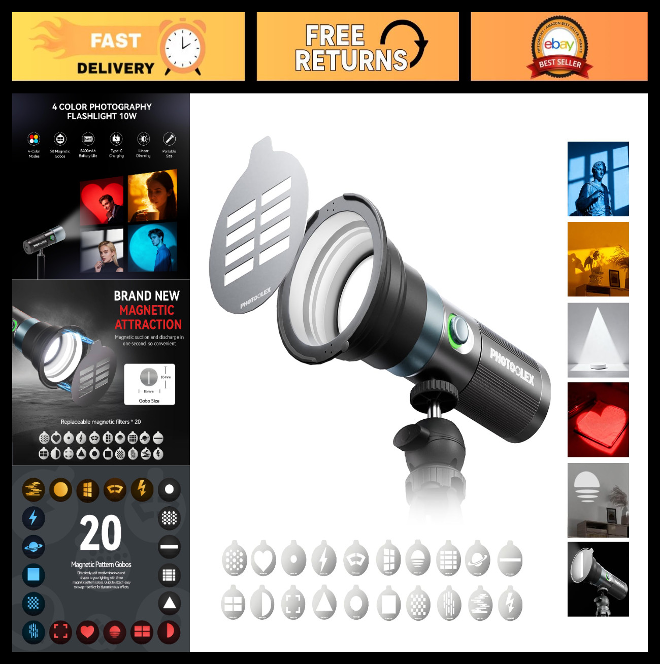 4 Colors Photography Flashlight with 20 Magnetic Gobos, 8400mAh Portable LED Stu