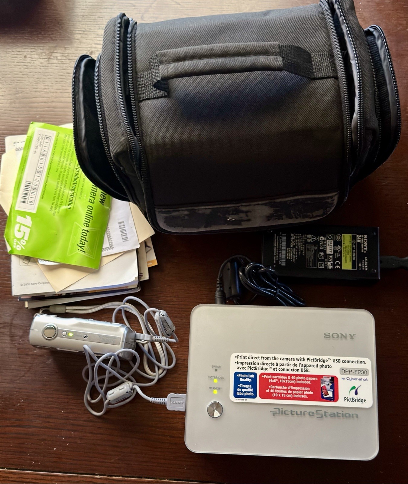 Sony DSC-S40 Digital Camera + PictureStation DPP-FP30 Printer Lot WORKING w/ Bag