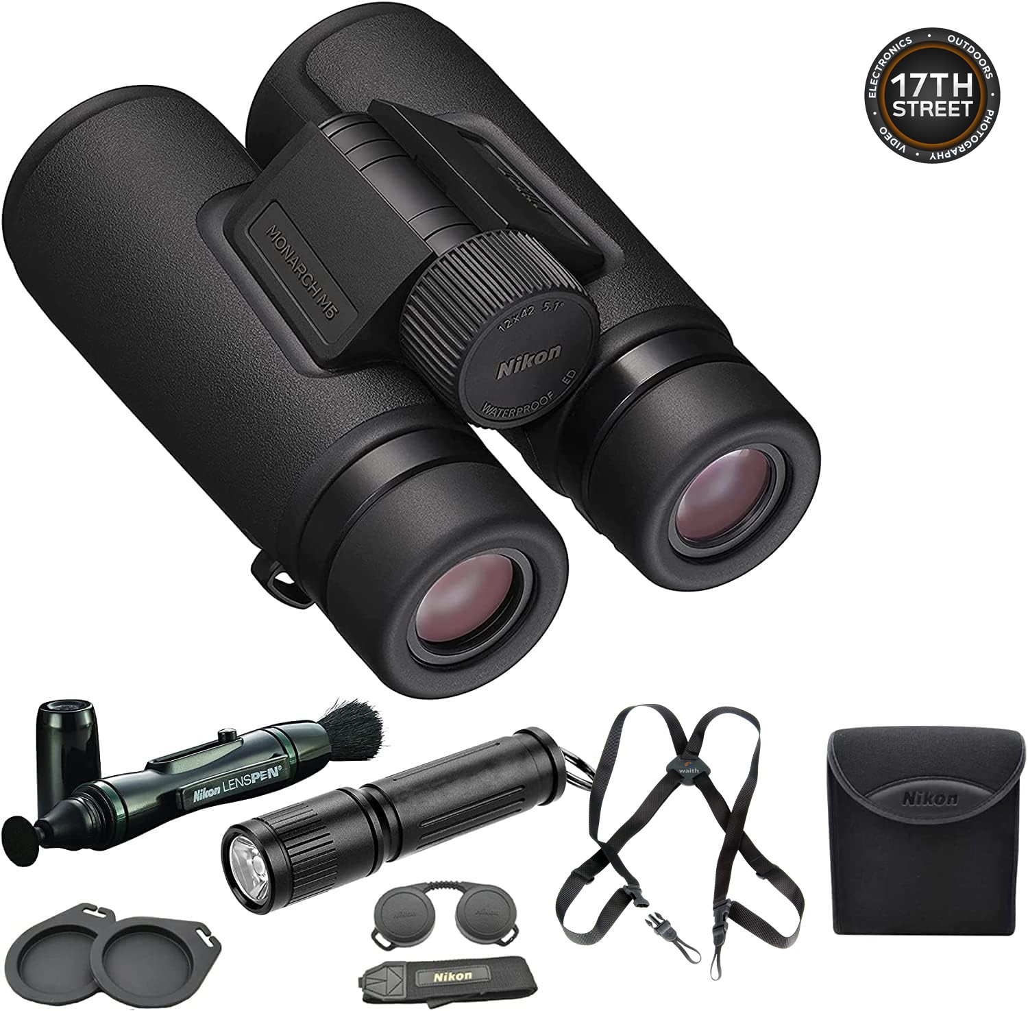 Nikon 12×42 Monarch M5 Binoculars With Lens Pen, Waith Harness, &Flashlight Kit