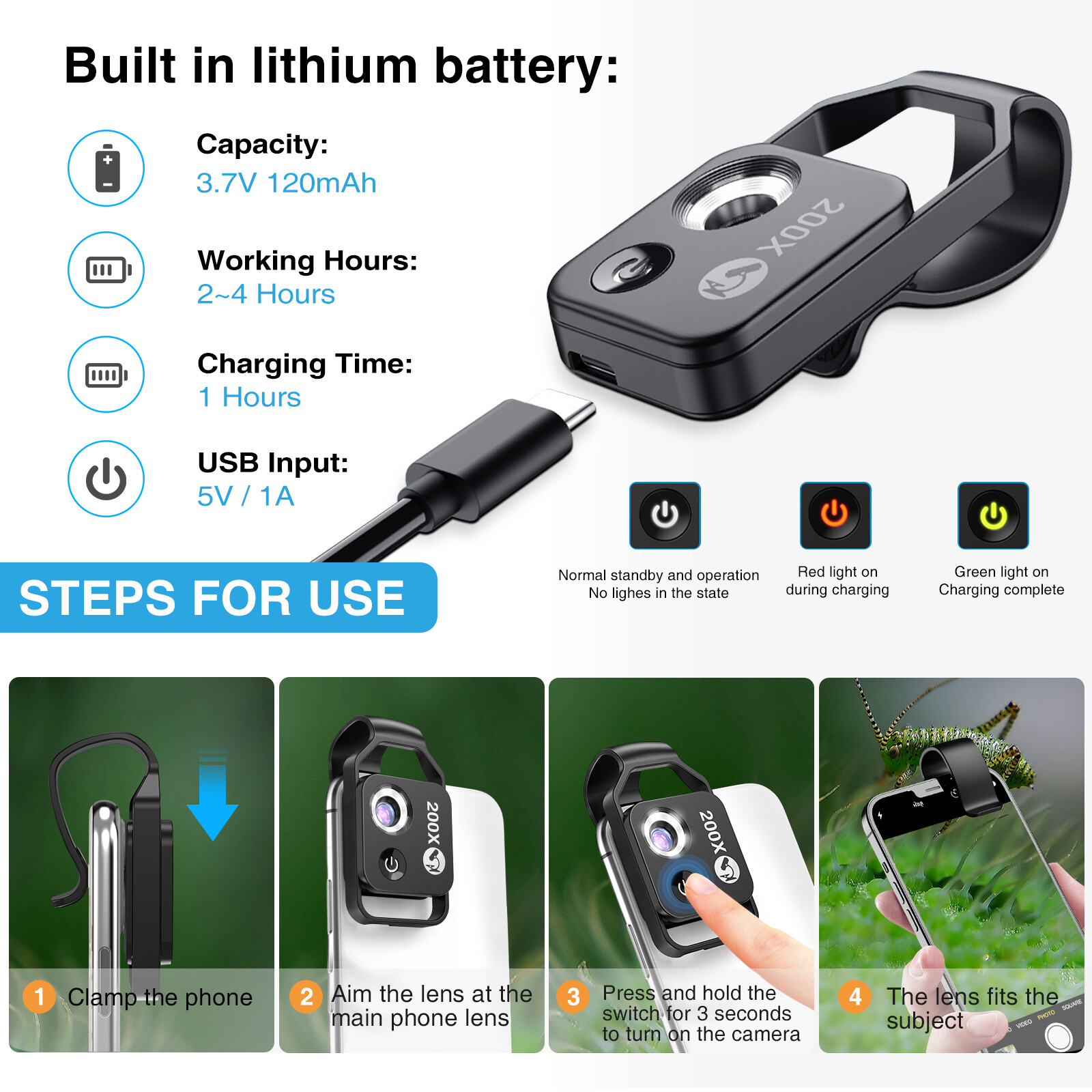 200X Microscope W/ CPL Lens Led Light Micro for iPhone Android Cell Phone School