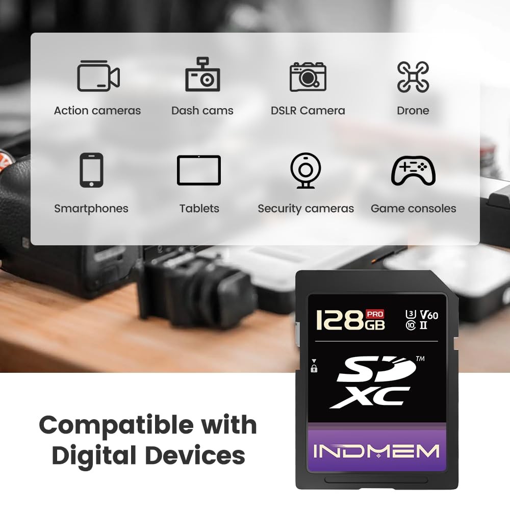 128GB SD Card UHS-II V60 U3 SDXC Memory Card, High Speed Read up to 280MB/s, V60
