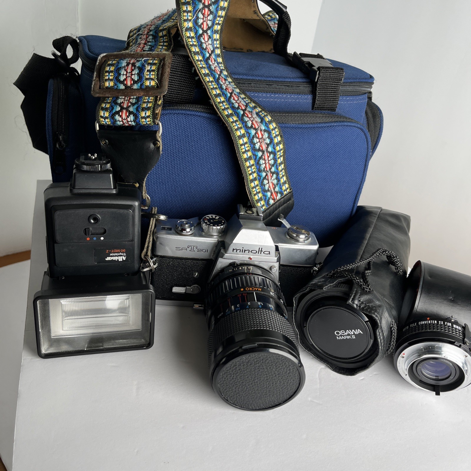 Minolta SRT 201 Camera Lot w/ Lenses, Flash, Bag Osawa Seikanon – TESTED & WORKS