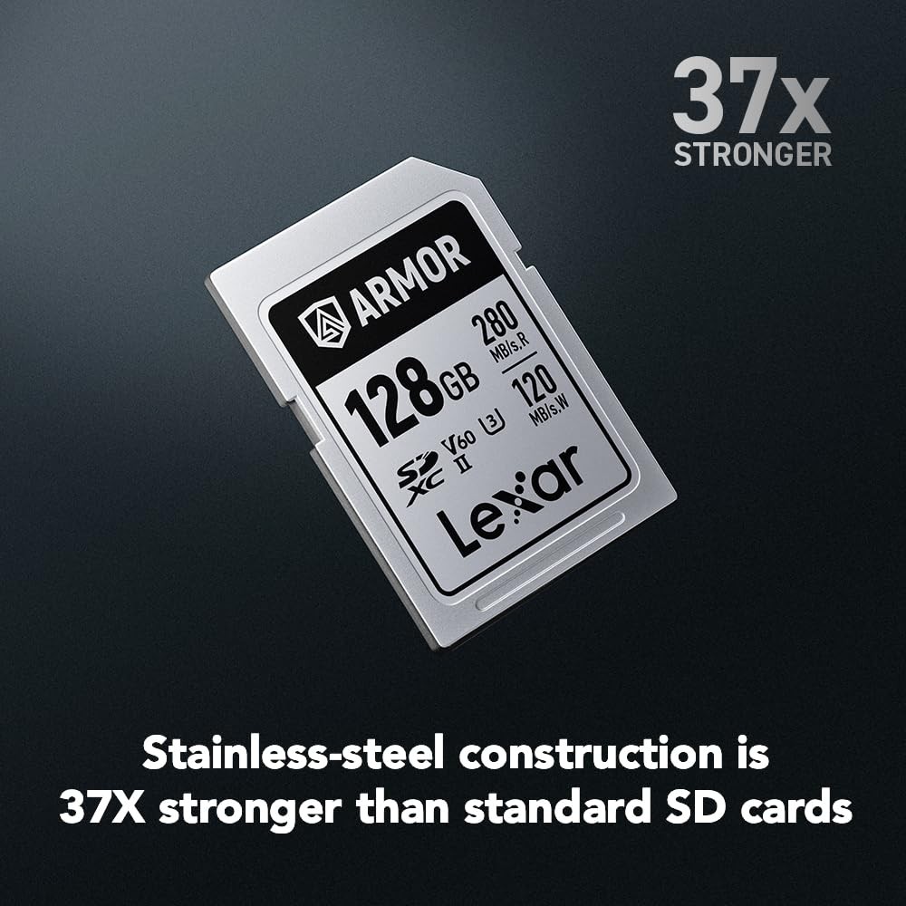128GB Armor Silver SDXC Memory Card, UHS-II, C10, U3, V60, 6K UHD, Up to 280M…