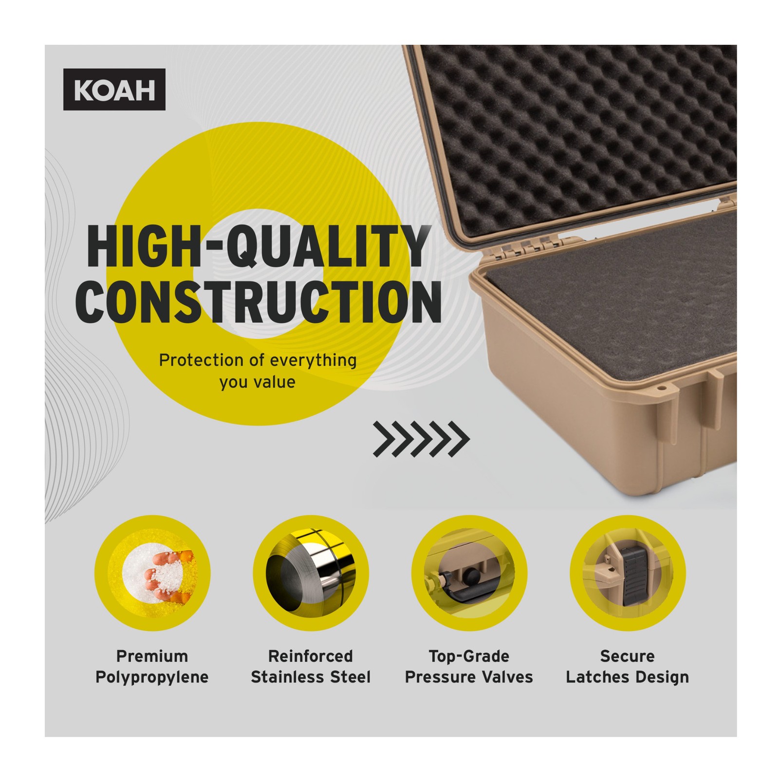 Koah Weatherproof Hard Case Customizable Foam 18 x 14 x 7 In (Tan)
