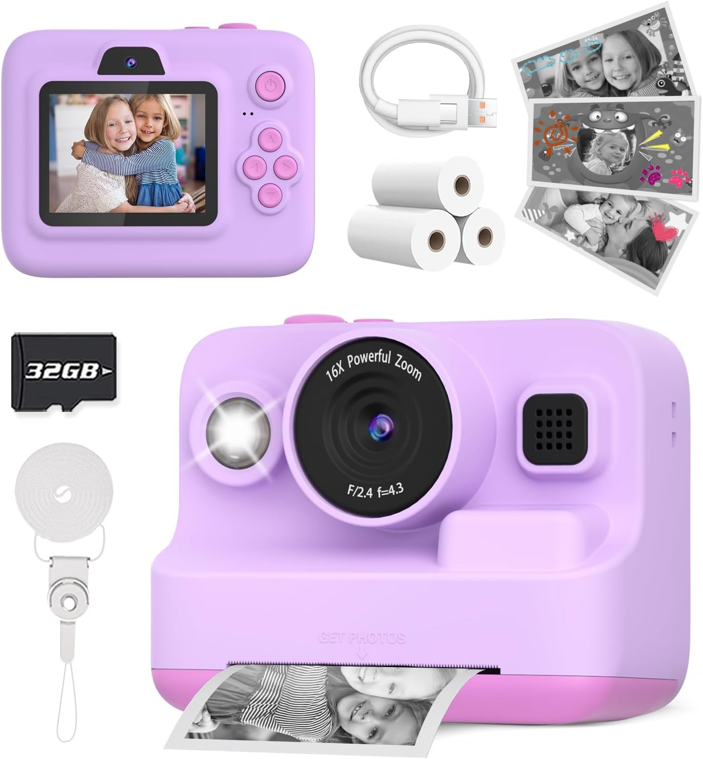 Kids Camera Instant Print, Dual-Lens Front Rear Selfie Camera for Kids, Christma