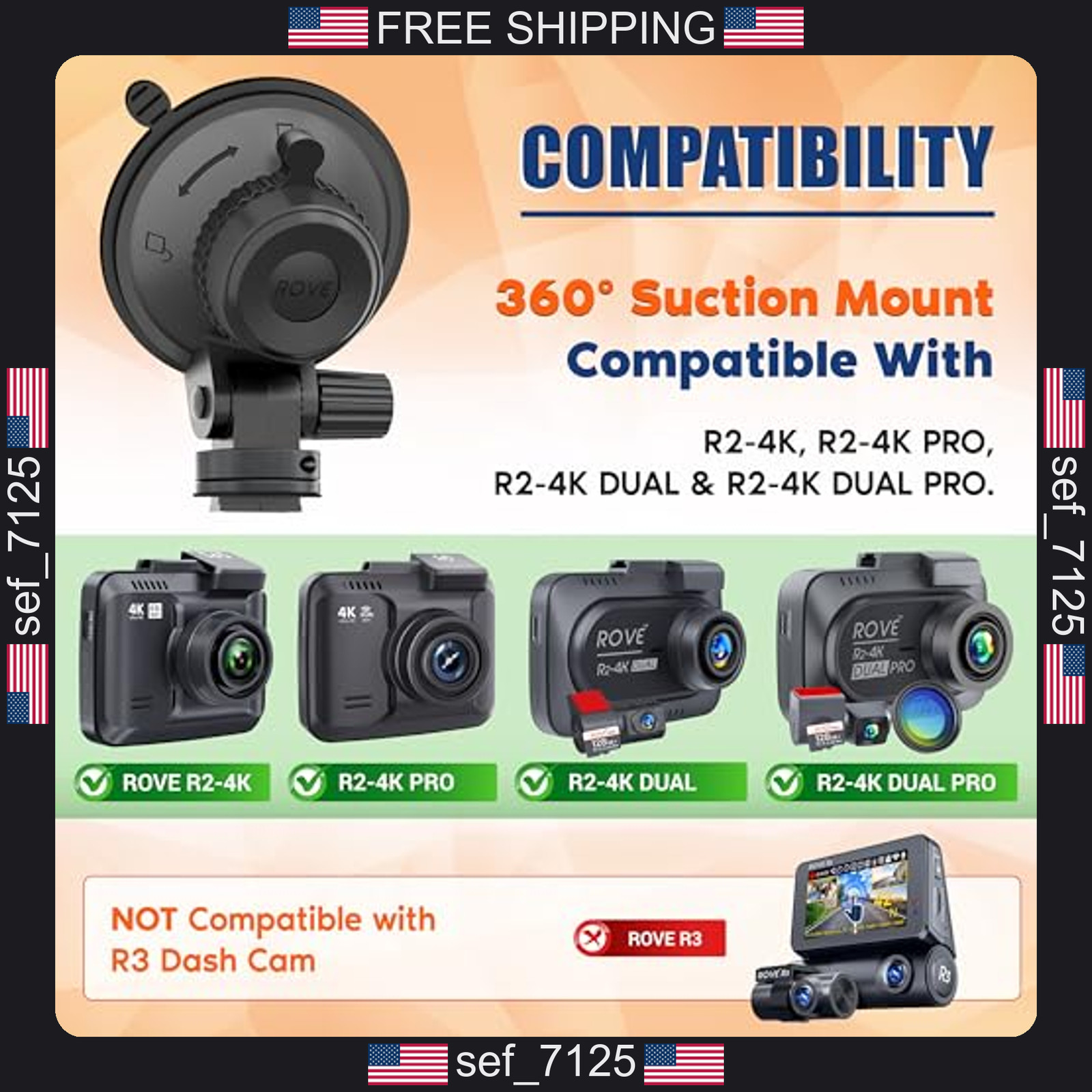ROVE Suction Cup Mount for R2-4K, R2-4K PRO and R2-4K Dual Dash Camera Models