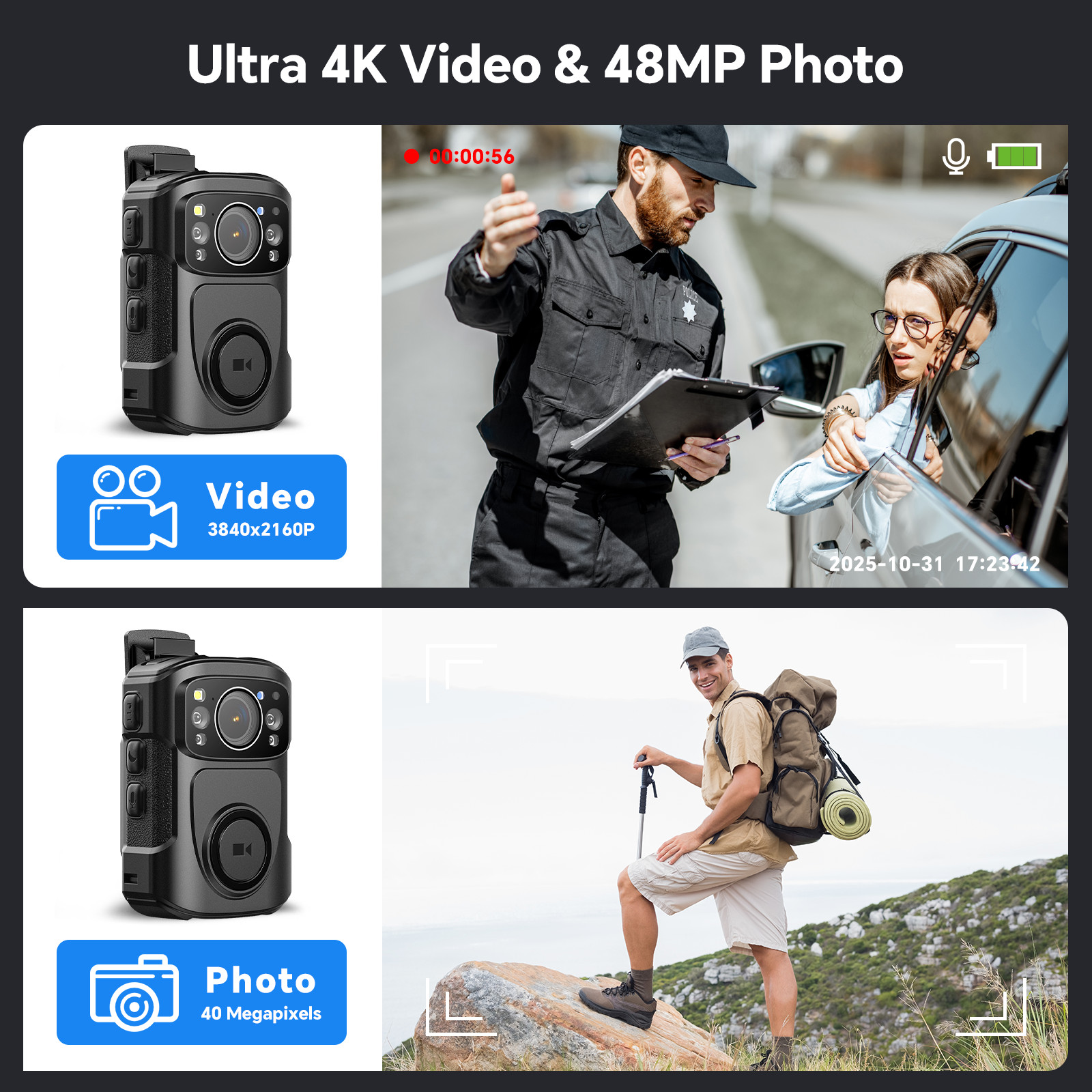 BOBLOV Body Camera 3840x2160P GPS Night Vision Police Audio Video Recorder 128GB