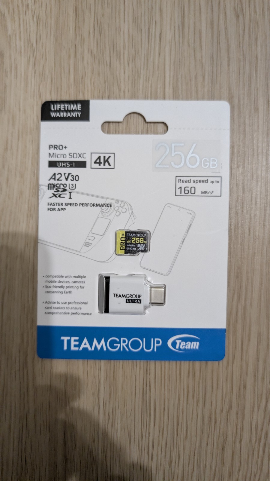 Team Group 256GB PRO+ microSDHC UHS-I/U3 Class 10 Memory Card with Adapter