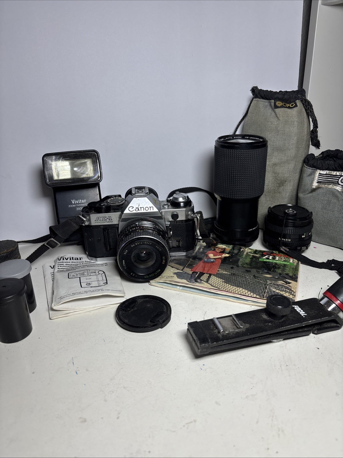 Canon AE-1 Program W/ Auto Zoom 200mm & 50mm Lens, Vivitar Flash, Tripod