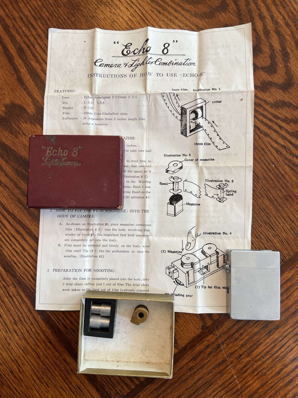 1950’s Suzuki Optical Co. Echo 8 Camera-Lighter Red Box Subminiature Spy Camera