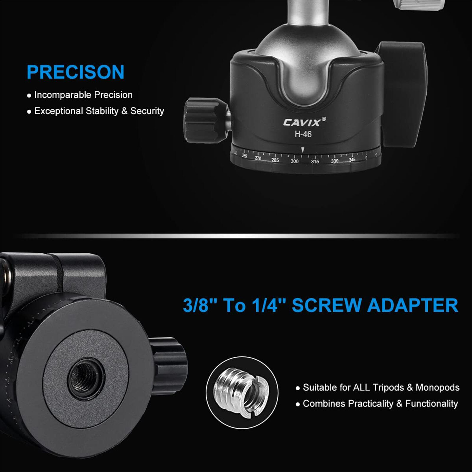 CAVIX H-46 Metal Tripod Ball Head 44lbs Load with Arca Swiss Quick Release Plate