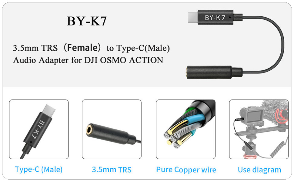 Boya BY-K7 3.5mm (Female) to USB Type-C (Male) Audio Adapter for DJI OSMO Action
