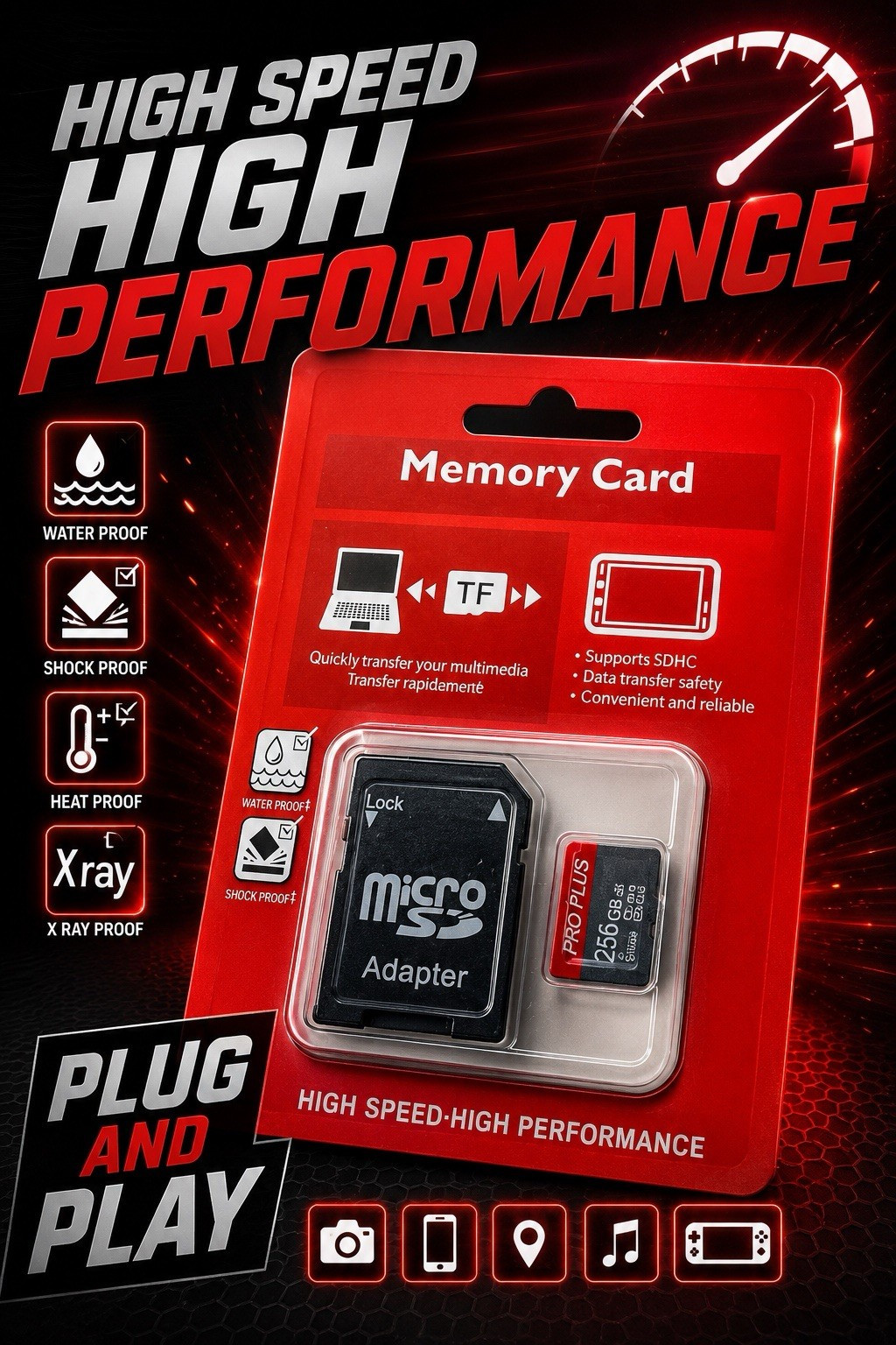 PRO PLUS 256GB MicroSD Card Class 10 High Speed w/ Adapter Waterproof
