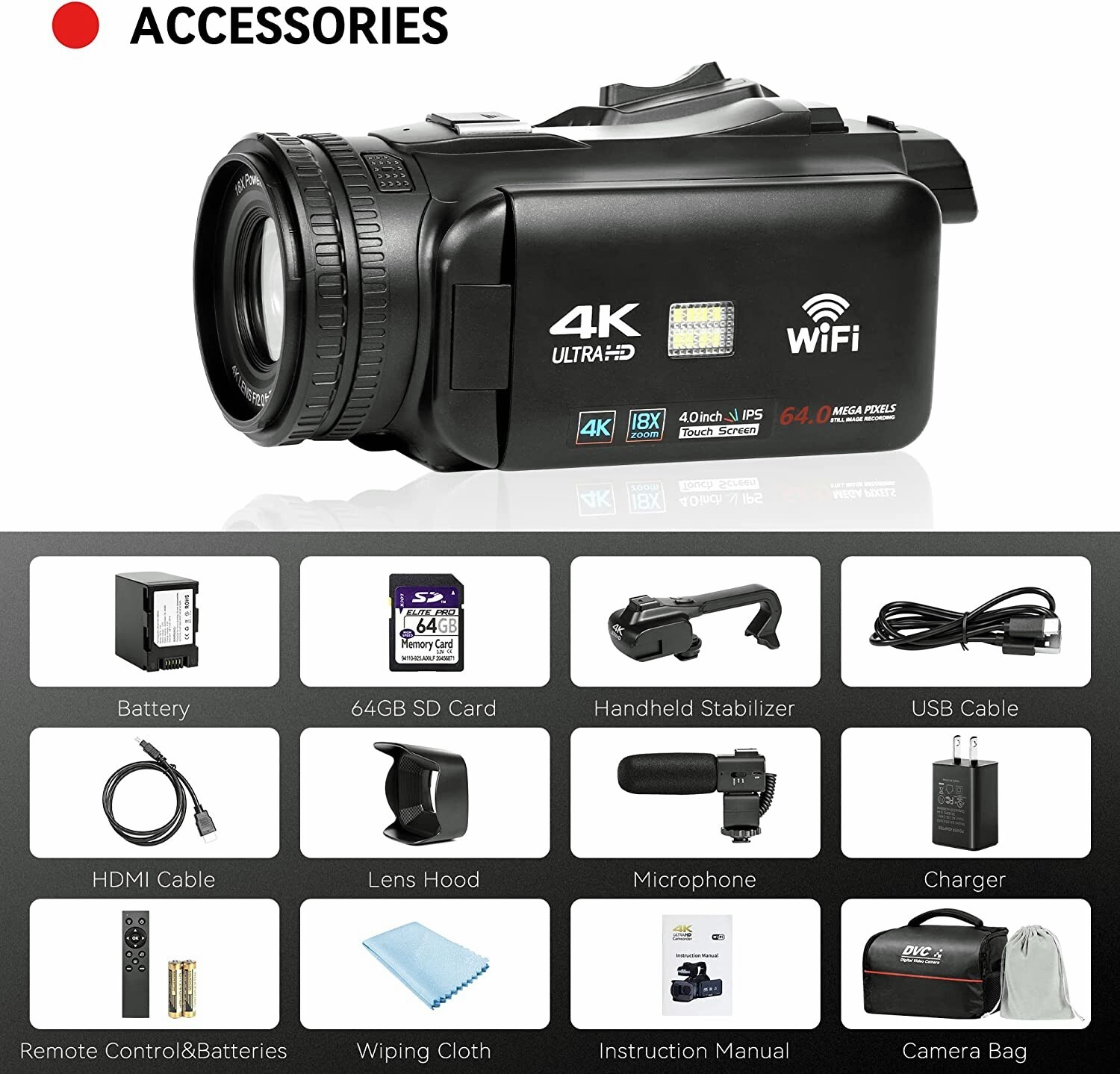 UHD 4k Video Camera Camcorder with 18X Digital Zoom,64MP Digital Camera Recorder