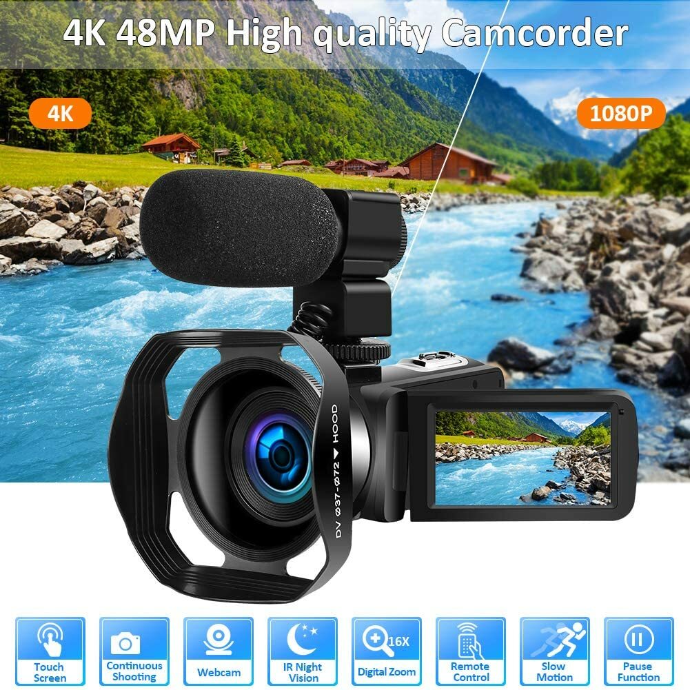 Video Camera Ultra HD 4K Night Vision Camcorder LED Light Microphone Remote