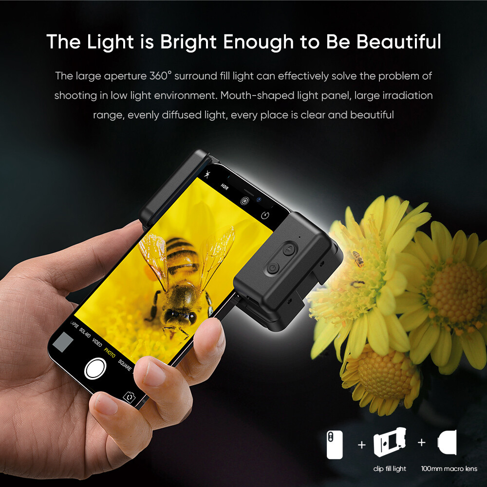 APEXEL 100mm Macro Lens With Fill Light 17mm Thread Adapter for iPhone Samsung